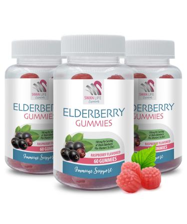 Antioxidant-Rich - Elderberry Gummies - Natural Immune Support Black Elderberry with Vitamin C Tasty Raspberry Flavor Natural Antioxidants Gluten-Free Vegan Non-GMO Soy-Free 3B 180 Gummies
