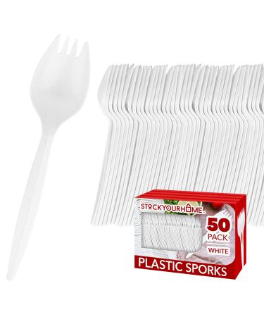 Disposable Sporks (50 Pack) White Plastic Sporks - BPA Free Kid Safe 2 in 1 Utensils - Heavy Weight Fork Spoon for School Lunch, Picnics, Catering, Restaurants, Kids Birthday Parties - Stock Your Home