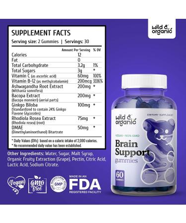 Wild Organic Brain Booster Gummies - Cognitive Function Support with Ashwagandha Bacopa Ginkgo Biloba - 60 Chewables - Buy Online on GoSupps.com