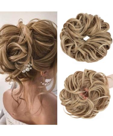 S-Noilite messy buns hair pieces curly hair scrunchies for women Donut Updo Hair Chignons synthetic Ponytail Bun Extensions - Light Brown to Ash Blonde 12T24