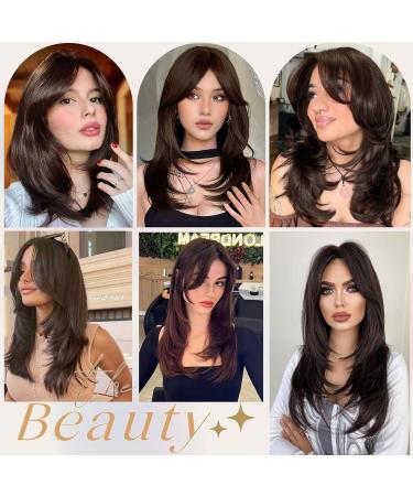 Kellynee Dark Brown Wig with Bangs - Medium Length Straight Layered Synthetic Wig for Women - Effortlessly Stylish for Daily Wear & Special Occasions - Buy Online on GoSupps.com