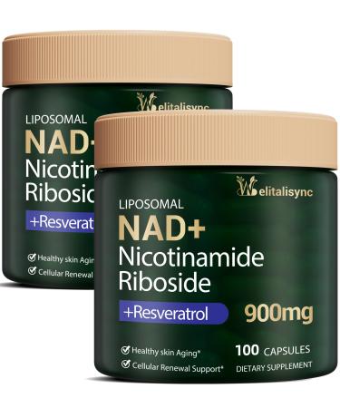 Premium NAD+ Supplement - Nicotinamide Riboside & Resveratrol 900mg Fast-Absorbing Cellular Renewal Capsules for Energy Anti-Aging & Brain Health Vegan Non-GMO 200 C 100 Count (Pack of 2)