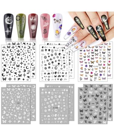 EBANKU 12 Sheets Butterfly Nail Art Stickers Decals, Star Moon Self-Adhesive Nail Decals French Design Nail Art Stickers Supplies for Woman Girl