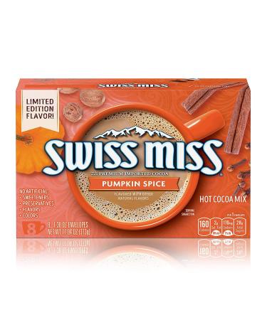 Swiss Miss Pumpkin Spice Hot Cocoa Mix, made with Premium Imported Cocoa and Real Non-Fat Milk! Gluten Free, No Artificial Colors, Flavors, Preservatives, or Sweeteners. 1 Box of 8 Envelopes. 1.38 Ounce (Pack of 8)