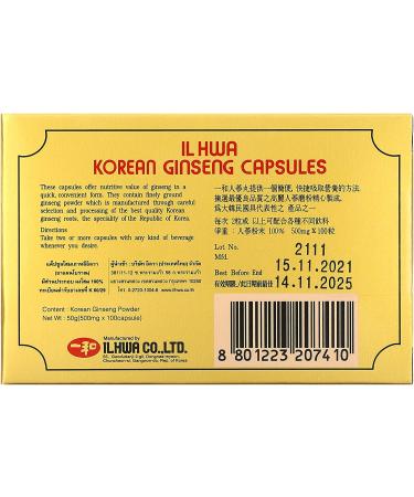 Ilhwa Korean Ginseng Capsules 500mg - 100 Count for Energy & Wellness - Buy Online on GoSupps.com