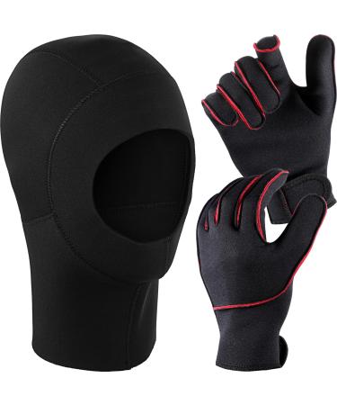 Neoprene Wetsuit Hood and Neoprene Gloves 3 mm Diving Hood Water Gloves Wetsuit Gloves Diving Gloves Stretchable Diving Cap Surfing Thermal Hood for Kayaking Surfing Sailing Swimming Snorkeling, Black