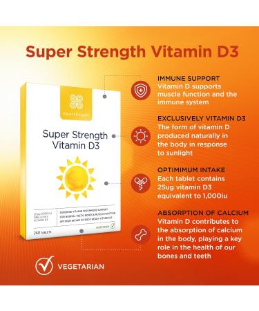 Healthspan Super Strength Vitamin D3 1000iu | Immune, Bone, Teeth & Muscle Health | Vegetarian | 240 Tablets - Buy Online on GoSupps.com