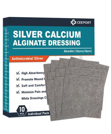 Ceeport Ag Silver Calcium Alginate Wound Dressing Pads, 4''x4'' Patches, 10 Individual Pack, Soft Silver Dressings for Wound Care, Gentle Highly Absorbent Dressing, Non Stick Gauze Pads for Wounds 4"x4"-Silver