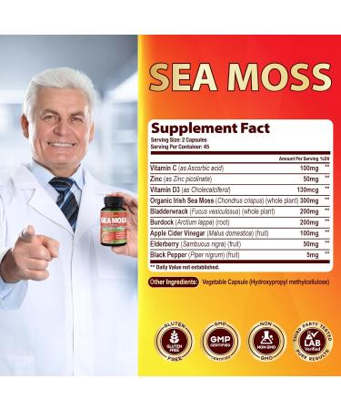 Organic Cadane Irish Sea Moss Extract Capsules - 9in1 with VitC VitD Bladderwrack Burdock Root Elderberry & More - Supports Immune System & Overall Health - 90Capsules - Buy Online on GoSupps.com