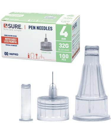 Insulin Needles for Injections - Sterile Single-Use Insulin Pen Needles with Ultra Sharp Tip Double Silicone Coating & Thin Wall Technology - Diabetes Testing Kit by Nipro 4SURE- 100 Pcs 32G 4mm