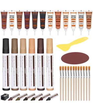 CHUKCHI Wood Furniture Repair Kit- Set of 39 - Touch Up Markers, Fillers with Wood Putty - Repair Scratch, Cracks, Hole, Discoloration for Wooden Door, Floor, Table, Cabinet 39 pcs