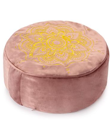 Meditation Cushion - Traditional Tibetan Zafu Buckwheat Pillow for Sitting on The Floor Made from Soft Velvet with Beautiful Embroidery - Includes A Carrying Bag - Rose Quartz