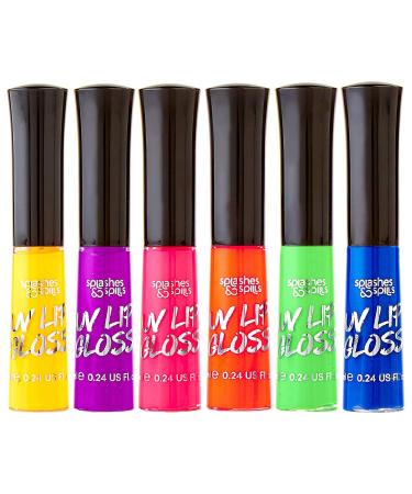 UV Glow Blacklight Lip Gloss - 6 Color Variety Pack 3.7g - Day or Night Stage Clubbing or Costume Makeup by Splashes & Spills