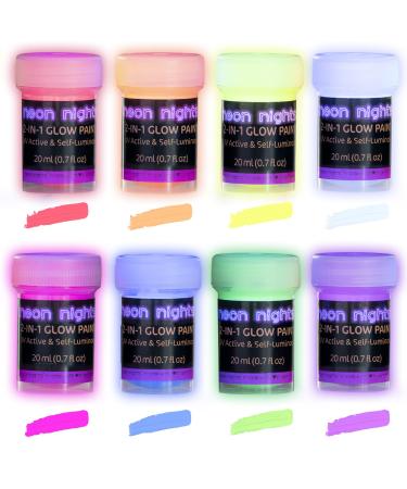 neon nights Glow in The Dark Paint - Pack of 8 Multi-Surface UV Paint Set - 2-in-1 Acrylic Paints, UV & Blacklight Activated, Self Luminous, 20mL - Perfect for Halloween and Holiday Dcor 2-in-1 Glow Paint (UV/Blacklight Activated and Glow-in-the-Dark)