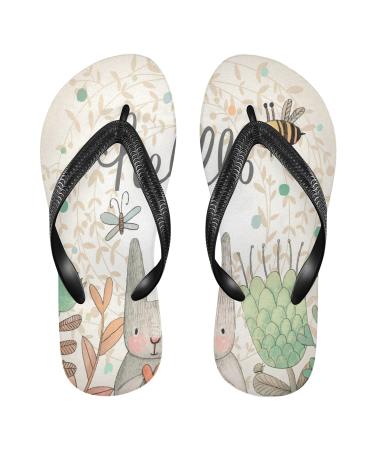 Mnsruu Rabbit Flower Print Flip Flops Home Hotel Spa Bedroom Travel Slippers XS for Men Women X-Small