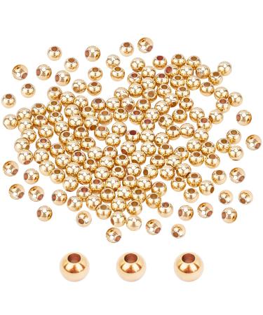 PH PandaHall 300pcs 4mm 14K Gold Plated Brass Beads Long-Lasting Round Smooth Spacer Beads Seamless Loose Ball Beads Gold Metal Beads for Summer Hawaii Stackable Necklace, Bracelet, Earring Making