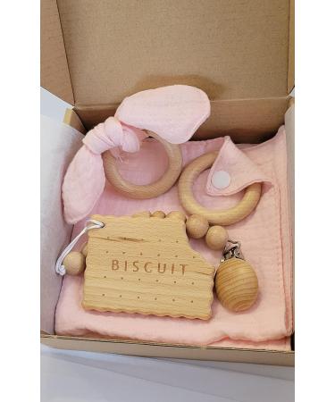3 Pcs Pink Baby Wooden-Cotton Teether Set | Organic Teething Toys - Buy Online on GoSupps.com