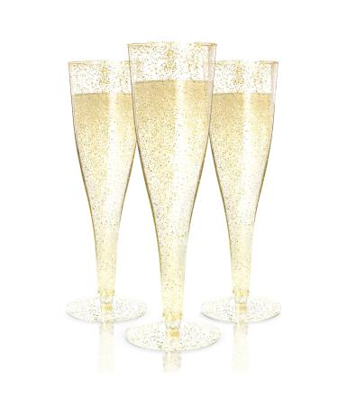 100 Plastic Champagne Flutes | Disposable Champagne Flute | Gold Glitter Plastic Champagne Glasses for Parties - Mimosa Bar, Events, Wedding and Shower Party Supplies Gold Glitter (100 Pack)
