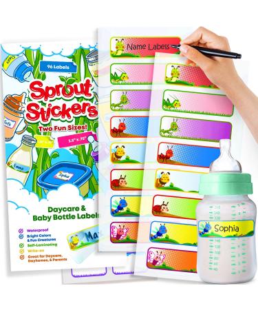 Sprout Stickers Baby Bottle Labels for Kids and Babies - 96 Daycare Labels - Kids Waterproof Labels - Self Laminating Easy to Use - Daycare Supplies - Name Labels for Kids - for School Reusable 1-Pack