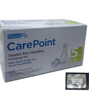 Glucorx Carepoint Diabetic Insulin Pen Tips 4mmx31G 5mmx31G 6mmx31G 8mmx31G 12mmx29G + FREE Tetra-Sole Travel Pouch (5mm 31G)