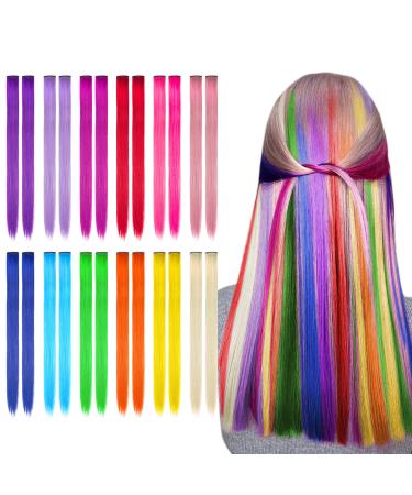 Kyerivs Colored Clip in Hair Extensions for Girls 24 PCS, 20 Inch Rainbow Long Straight Synthetic Hairpieces Ins for Kids Party Favor Highlights Colorful Hair Accessories Toys Gifts for Girls Women multi color