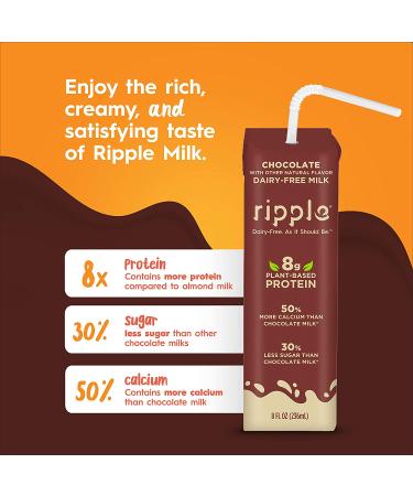 Ripple 8oz Non-Dairy Milk Chocolate (Pack of 12)  Vegan Milk With 8g Pea Protein in Shelf Stable Single Serve Cartons  Great for Kids Lunchboxes On-The-Go  Non GMO Plant Based Gluten Free - Buy Online on GoSupps.com
