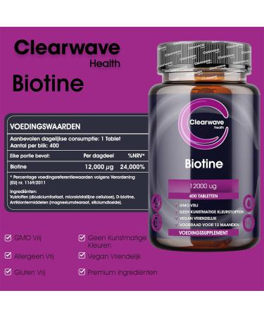 Biotin Hair Growth Supplement 12000 mcg High Strength 400 Tablets 13 Month Supply Vegan Made in the UK by Clearwave Health - Buy Online on GoSupps.com