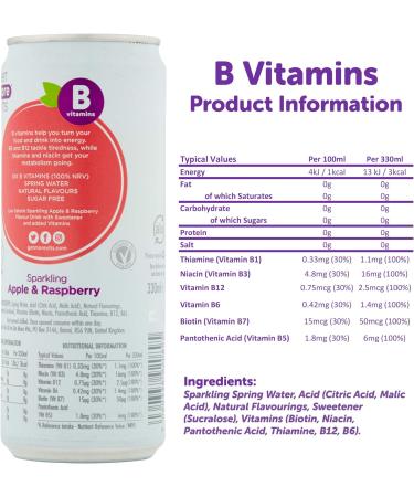 Get More Vits - B Vitamins Sparkling Apple & Raspberry Flavoured Spring Water (12 x 330ml) Supports Energy Release Tackle Tiredness & Fatigue Natural Flavours Sugar Free Low Calorie Vegan - Buy Online on GoSupps.com