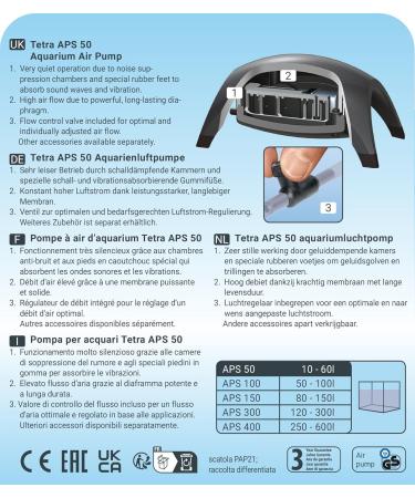 Tetra APS 50 Aquarium Air Pump - Quiet Diaphragm Pump for 10-60L Tanks | Black - Buy Online on GoSupps.com