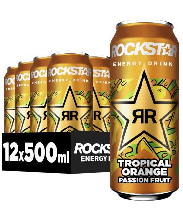Rockstar Energy Drink Tropical Orange Passion Fruit - Caffeinated soft drink for an energy boost DISPOSABLE (12 x 500ml)
