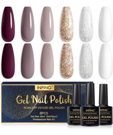 INPING Gel Nail Polish Set - 6 Colors Nude, Maroon, Burgundy, Red, Gray, Glitter - Soak Off UV/LED Nail Varnish for Women - DIY Nail Art Salon - Beauty Gifts - Buy Online on GoSupps.com