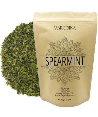 Pure Spearmint Leaves Herbal Loose Tea by Marcoina - Cut Leaves 227g in Resealable bag Caffeine-Free from USA - Perfect for Hot Brews - Known as Mentha spicata - 8oz. Spearmint Cut Leaves 227g(8oz)
