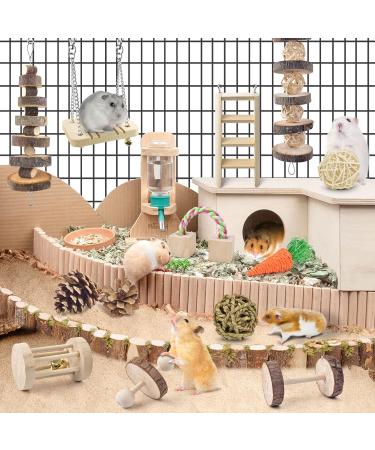 ERKOON Hamster Chew Toys 13 Pack Gerbil Toys Natural Wooden Small Animal Toys Teeth Care Molar Toy Boredom Breaker Treats Dumbbells Exercise Bell Roller for Rat Guinea Pig Chinchilla Rabbits - Buy Online on GoSupps.com