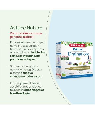 SUPERDIET - DRAINAFLORE ORGANIC - Complete detoxification program for the 5 emunctoria - Made in France -Portable format-20 Single doses of 15 ml - Buy Online on GoSupps.com