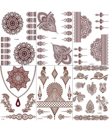 6 Sheets Henna Temporary Tattoo Stickers  Waterproof Lace Pattern Tattoos Mystery Flower Body Art Henna Sticker for Women Girls DIY Body Face Arms Legs (2-6pcs)