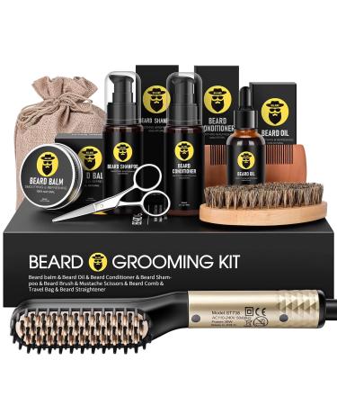 Beard Straightener Kit, Beard Growth Grooming Kit, Beard Straightener, Beard Growth Oil, Beard Wash Shampoo, Conditioner, Balm, Wax, Comb, Brush, Scissor, Bag, Gifts for Men Him Dad Boyfriend