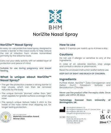 BHM NoriZite Nasal Spray - 6+ Hrs Virus Protection & Allergy Prevention (20ml) - Buy Online on GoSupps.com