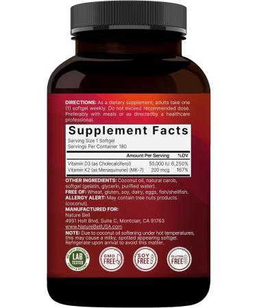NatureBell Vitamin D3 50 000 IU + K2 200 mcg 180 Softgels | Once-Weekly Formula with Coconut Oil | Max Strength Bone Heart & Immune Support | MK-7 Form | Non-GMO 180 Count (Pack of 1) - Buy Online on GoSupps.com