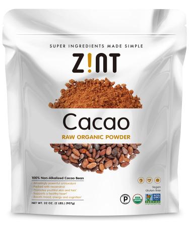 Zint Organic Cacao Powder (32 oz): Paleo-Certified, Organic, Non GMO, Anti Aging Antioxidant Superfood, Gluten Free Cocoa Cacao Beans, Pure Delicious Chocolate Essence, 32 Ounce 2 Pound