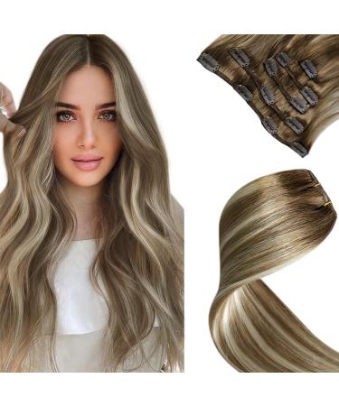 Laavoo balayage extensions real hair clip in 40cm hair extension real hair clip in extensions ombre light brown mixed platinum blonde real hair extensions clip double tresse 5pcs/70gr 40cm-70g 2.5#8/60/8
