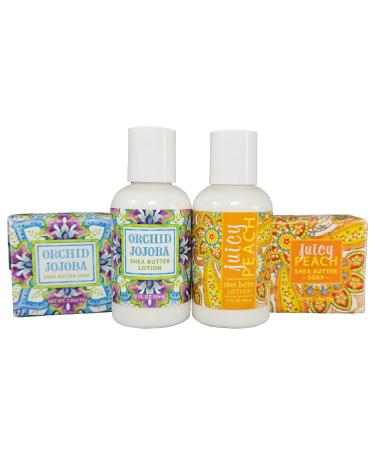 Tropical Mini Soap Bar and Lotion Sampler- Juicy Peach and Orchid Jojoba- Set of 4- Enriched with Shea Butter Essential Oils and Natural Extracts- Party Favors and Basket Fillers