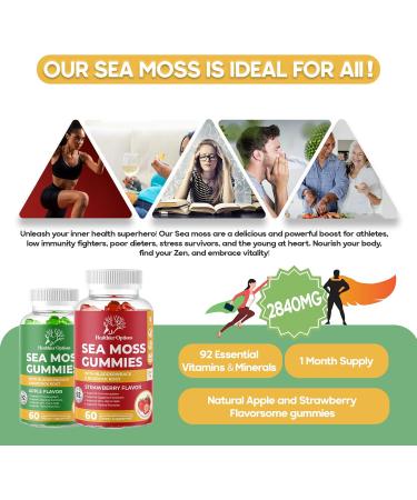 Organic Irish Sea Moss Gummies with Bladderwrack & Burdock Root 2840 Mg - 60 Gummies | Apple Flavour | Vegan, Gluten-Free, Non-GMO | Vitamins & Minerals | High Strength Formula - Buy Online on GoSupps.com