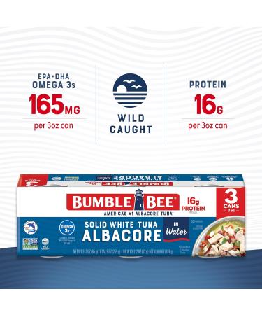 Bumble Bee Solid White Albacore Tuna in Water - Wild Caught, Non-GMO, Gluten Free - 16g Protein per Serving - 3 oz Cans (Pack of 24) - Buy Online on GoSupps.com