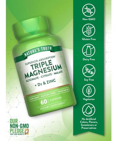 Nature's Truth Triple Magnesium Complex Supplement | 60 Capsules | Glycinate Citrate & Malate | with D3 & Zinc | Vegetarian Non-GMO & Gluten Free - Buy Online on GoSupps.com