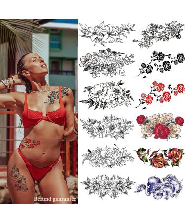 Aresvns Temporary Tattoo Flower for Women and Teen girls, 12 Sheets Waterproof and Long-lasting Black Roses Realistic Fake Tattoos Pattern 05
