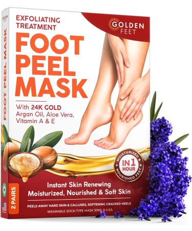 24K Gold Foot Peel Mask - Argan Oil, Aloe Vera, Vitamin A & E Exfoliating Masks - Baby Soft Peeling Socks - for Dead Skin & Dry Feet - Cracked Heels & Rough Calluses Remover - Smooth Foot Repair