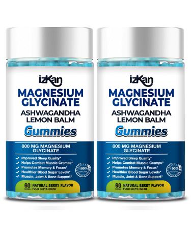 Izkan 800mg Magnesium Glycinate Gummies Sugar-Free Magnesium Supplement with Ashwagandha Lemon Balm Extract and CoQ10 for Sleep Stress Muscle Relief and Nerve Health