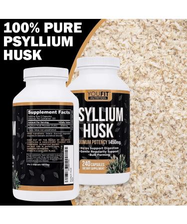YouFit Psyllium Husk Capsules - 1450mg Soluble Fiber Supplement for Intestinal Health - 240 Capsules - Buy Online on GoSupps.com