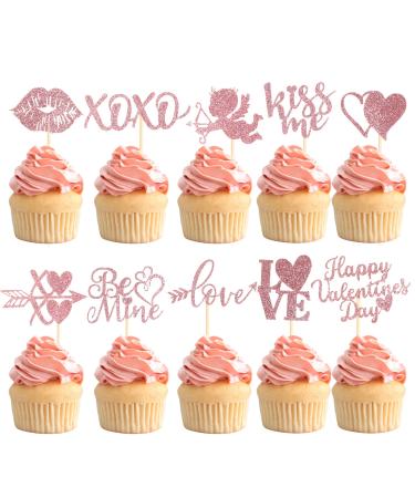 60 Pcs Happy Valentine's Day Cupcake Toppers Glitter Cupid Love Heart Lip Kiss Me Be Mine XOXO Cupcake Picks for Valentine's Day Theme Wedding Party Cake Decorations Supplies Pink