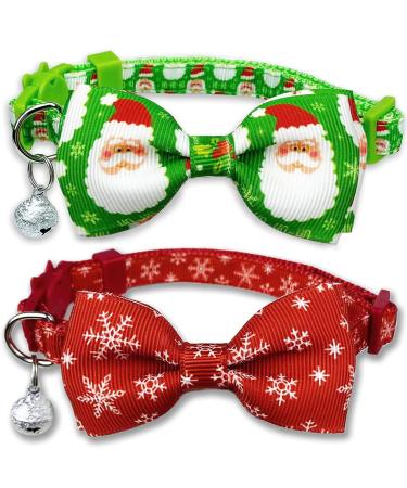 Pohshido 2 Pack Christmas Cat Collar with Removable Bow Tie and Bell, Winter Holiday Breakaway Buckle Safety Kitty Kitten Collar(Adjustable Size from 7.8-12.8 inch) Santa Claus & Snowflake